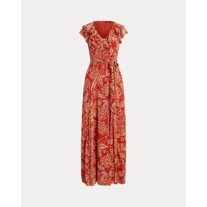 Lauren Ralph Lauren Printed Empire-Waist Shirring Long Dress Floral Red 16